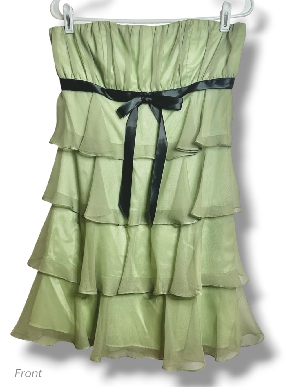 Y2K ZumZum Tiered Chiffon Light Green Strapless Mini Dress Celedon Black Ribbon